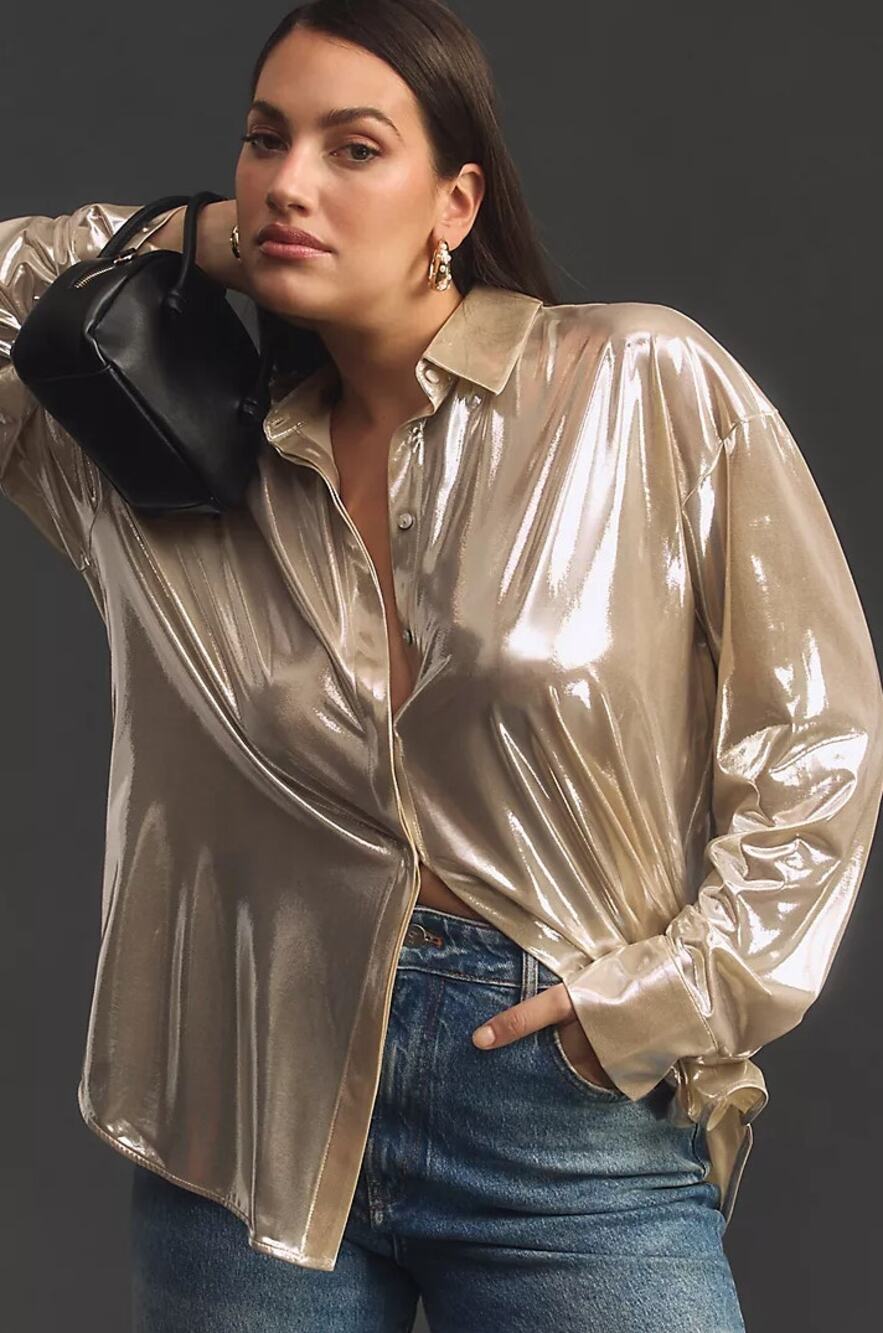 ANTHROPOLOGIE Gillian Liquid Shine Buttondown Shirt Champagne Sz 1X NWT {3G25}